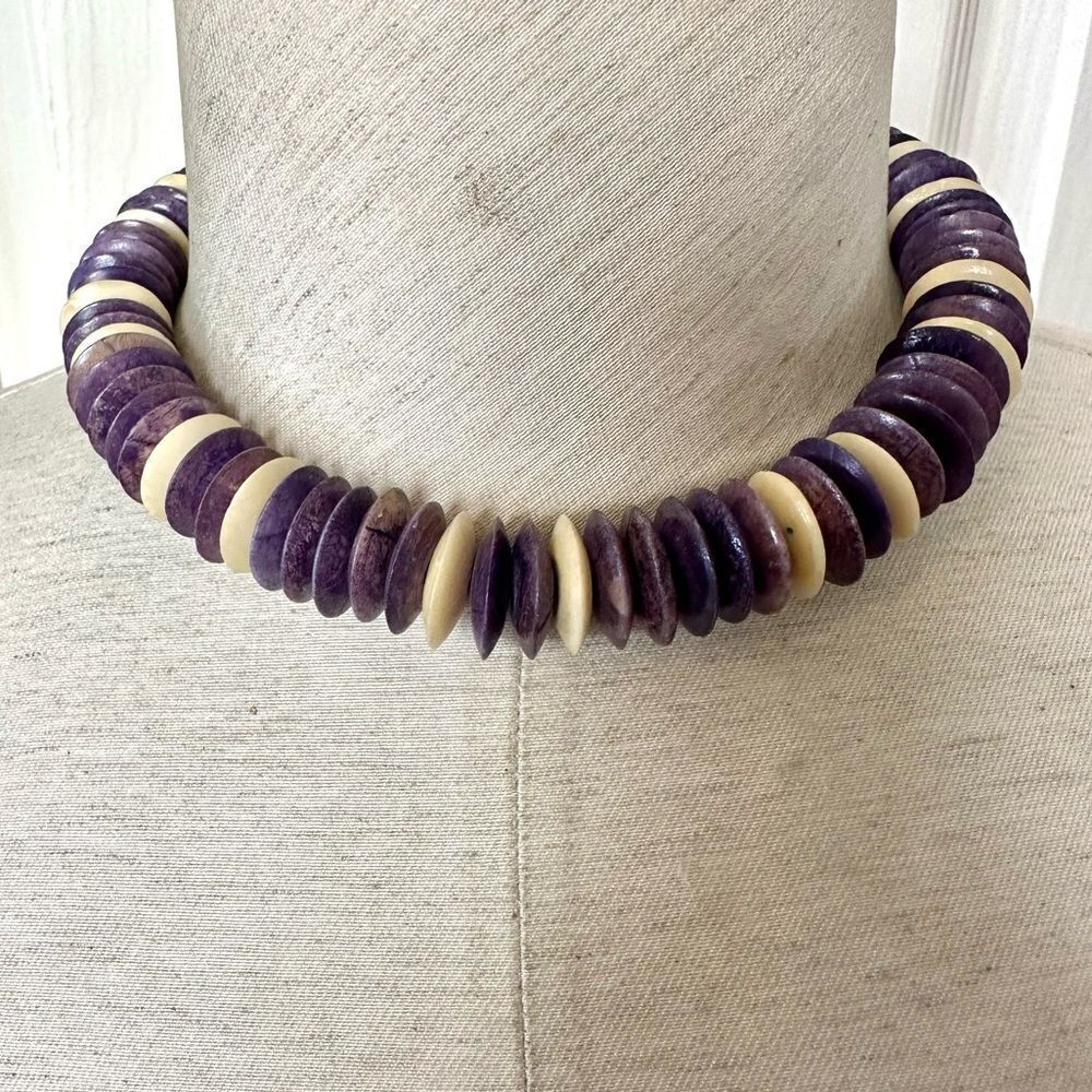 Bone dyed purple and tan disc necklace